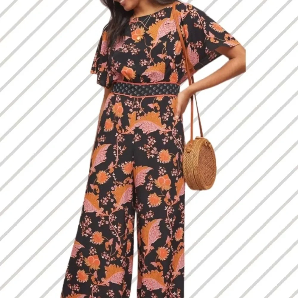 Maeve for Anthropologie Black w/ Orange & Coral Floral Belted Botanical Jumpsuit - Picture 1 of 7